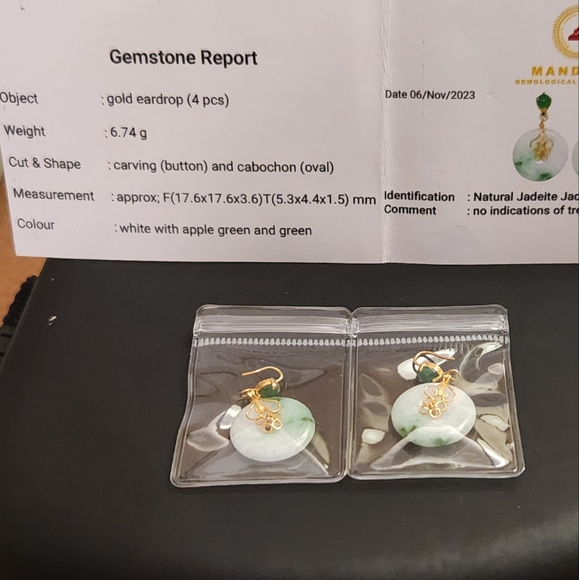 Natural burmese jadeite jade lucky coin earrings with 22K burmese yellow gold - Picture 3 of 3